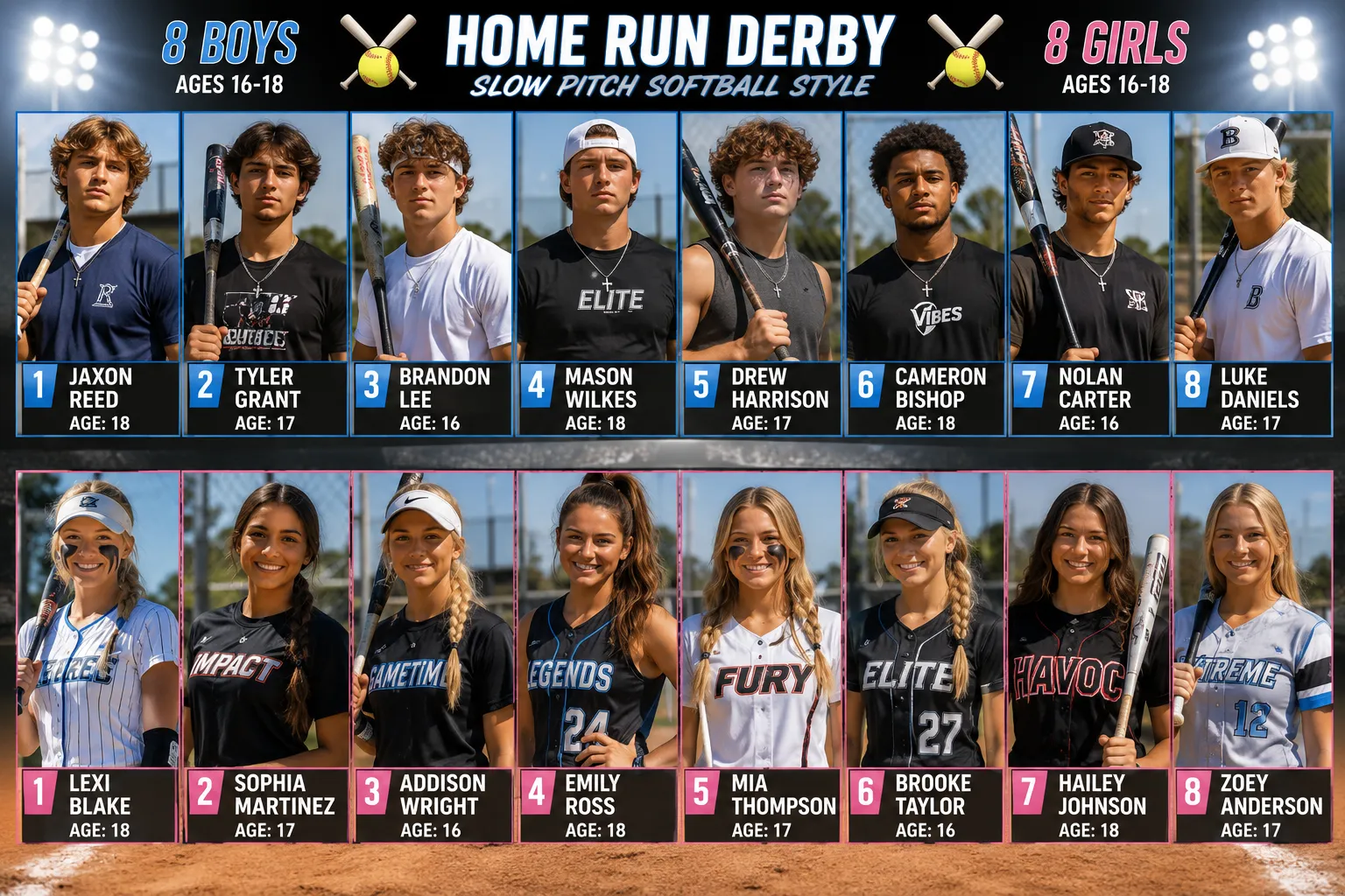 8 Boys and 8 Girls    16 Person Slow Pitch Softball Home Run Derby 
